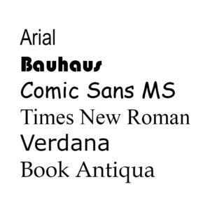 Beispielübersicht verschiedener Schriftarten wie Arial, Bauhaus, Comic Sans MS, Times New Roman und Verdana