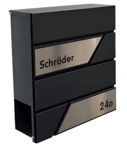 Moderner Briefkasten mit Edelstahl-Elementen in der Mitte und im unteren Bereich, zeitloses Design für den Außenbereich